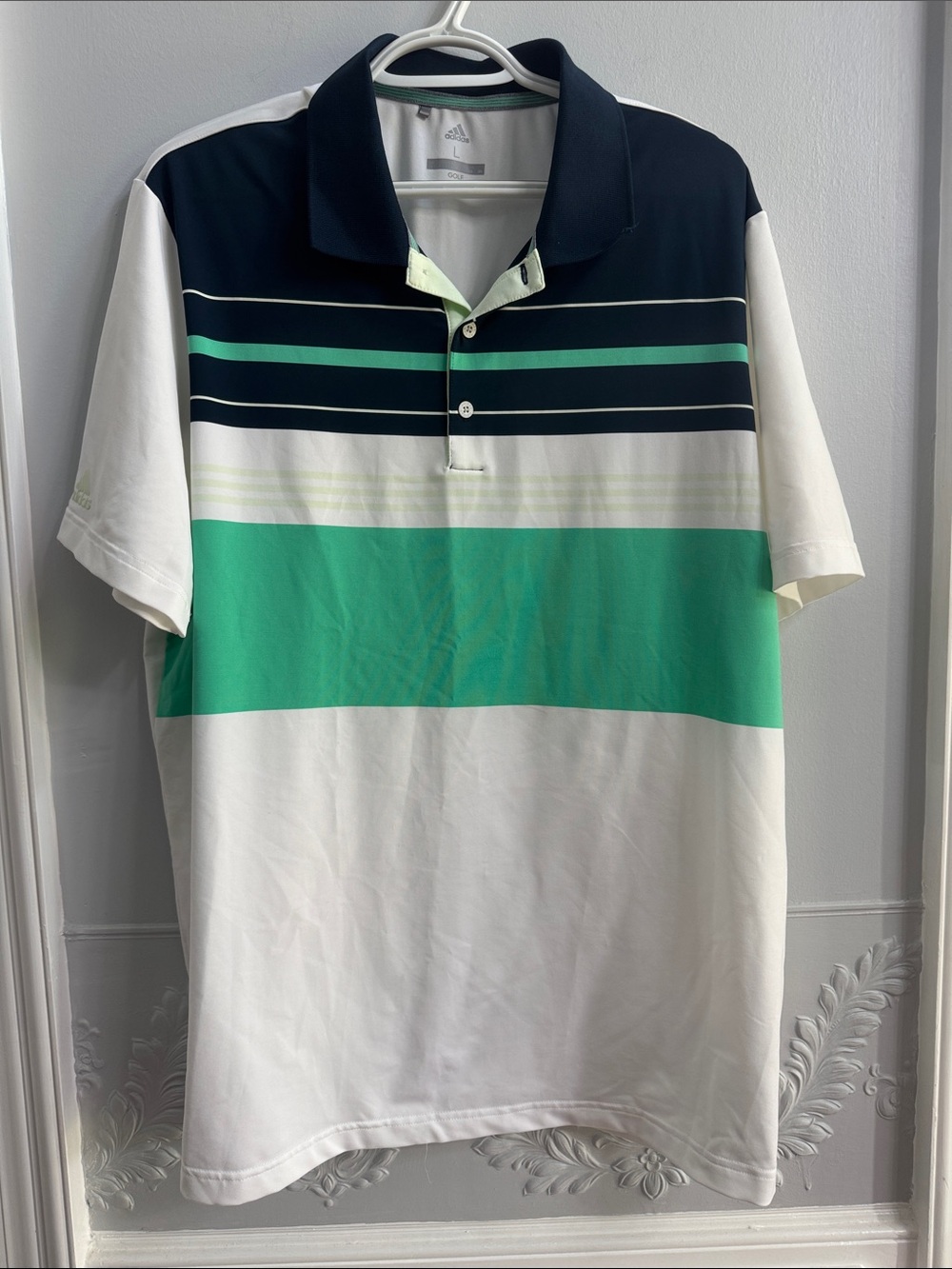 adidas Men’s Polo Golf Shirt in Navy, White & Green Stripes